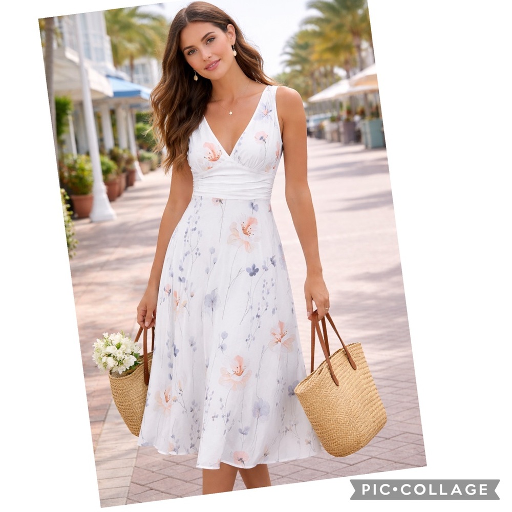 White Blue Peach Floral V-Neck Maxi Dress Fit & Flare M NWOT